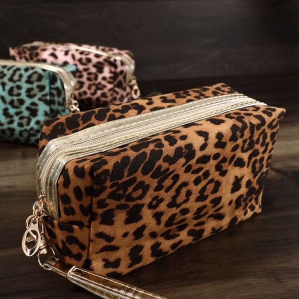 Leopard print Brown Make up bag Zipper Boho - Picture 2 of 3